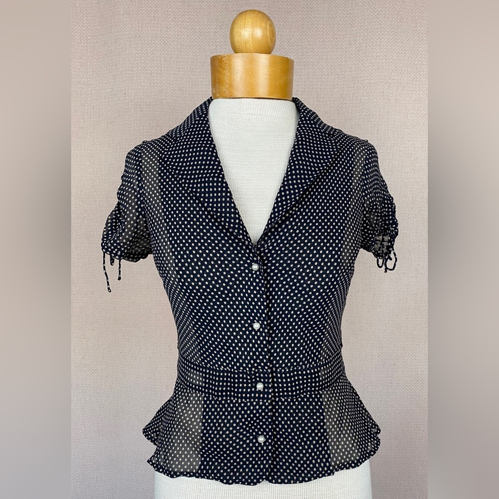 Banana Republic Peplum Polka Dot Blouse with Pearl Buttons & Collar